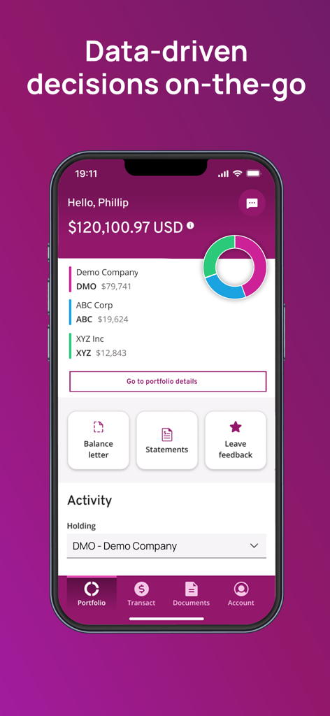 Dashboard dell'app Computershare Investor Center che mostra il saldo del portafoglio e il grafico degli investimenti