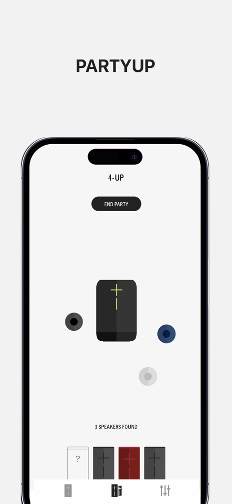 The UE BOOM app interface showing the PartyUp feature which allows users to sync multiple speakers together for a social gathering.