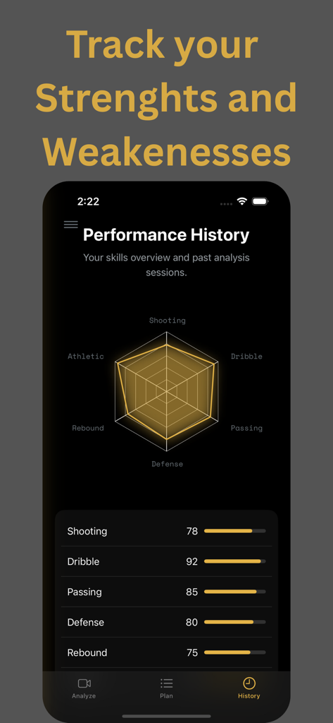 Hoopr AI - Hoopr AI performance history screen showing a basketball skills radar chart and statistics.