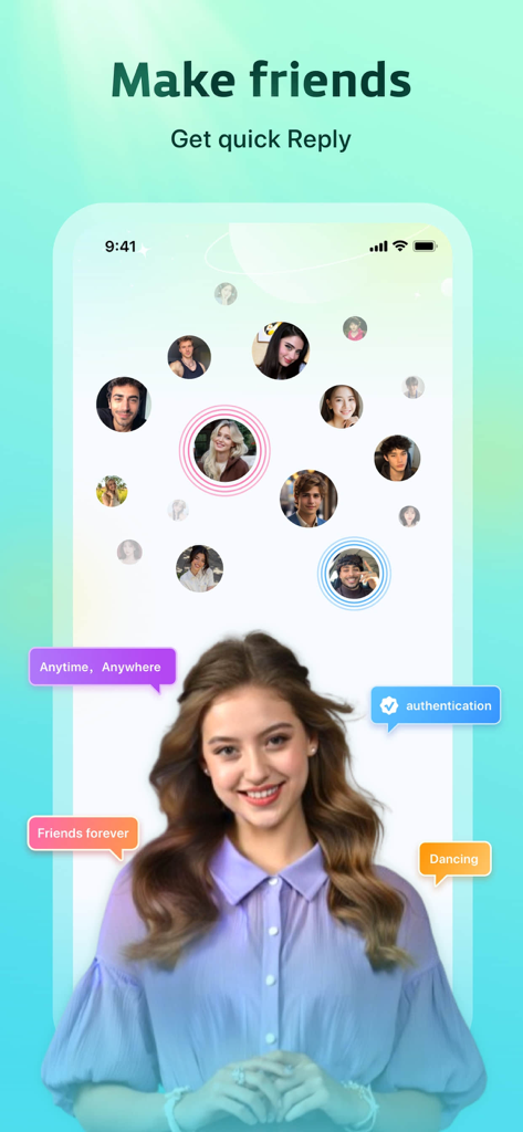Kito-Chat,Video,Call - Pantalla móvil de la aplicación Kito mostrando varias fotos de perfil y una llamada a la acción para hacer amigos y obtener respuestas rápidas