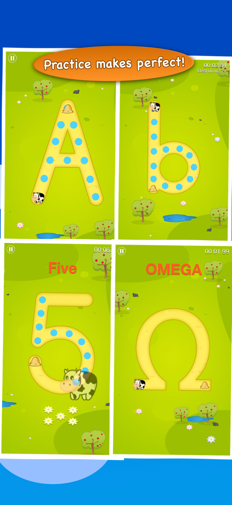 Roads Kids - Cuatro capturas de pantalla de la aplicación Roads Kids que muestran ejercicios de trazo para niños de letras mayúsculas y minúsculas, el número cinco y la letra griega Omega.