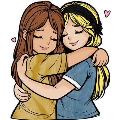 two girls hugging realistic