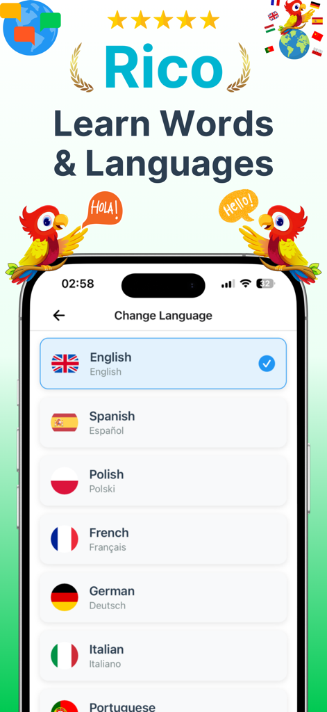 Interfaccia dell'app Rico che mostra un elenco di lingue tra cui inglese, spagnolo e francese con le loro bandiere nazionali