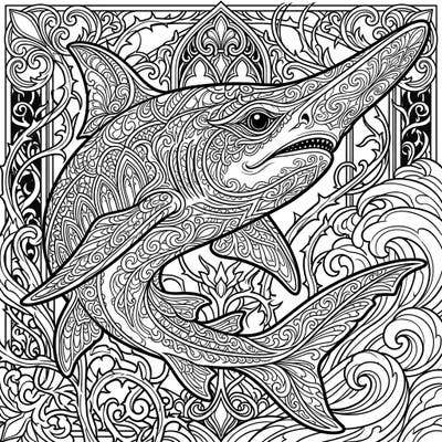 Explore the mysterious depths with this unique Gothic Goblin Shark coloring page, featuring intricate patterns and an enigmatic atmosphere. This detailed design offers a captivating challenge for adult colorists seeking a blend of natural wonder and dark elegance.