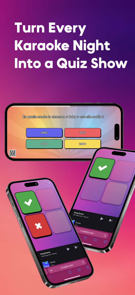 Función de concurso de música de KaraFun con preguntas de trivia y respuestas en varias pantallas de smartphone
