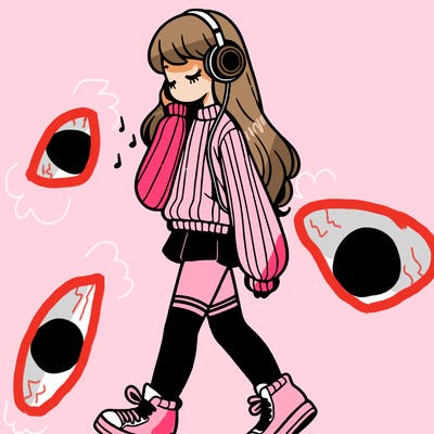 girl with leg warmers and long sweater and sneakers listening to music