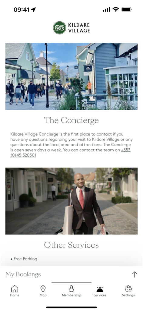 Kildare Village app interface displaying concierge and visitor services