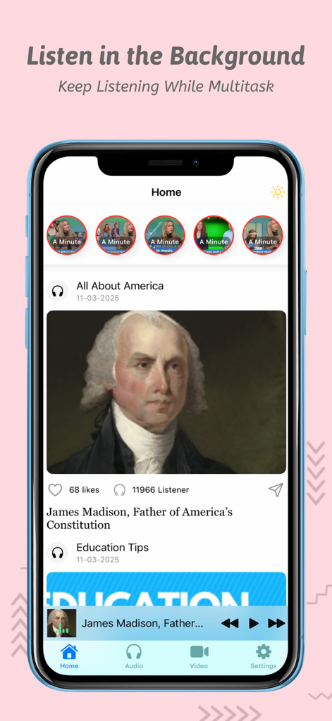 Home screen of the VOA Learning English app featuring an article about James Madison and highlighting the background listening capability.