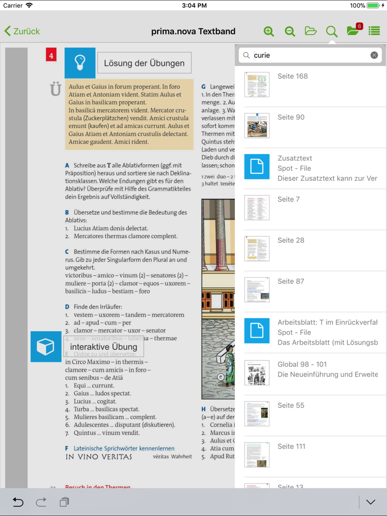 click & teach - iPad의 click and teach 앱에서 디지털 교과서 검색 결과 및 대화형 연습 문제 기능