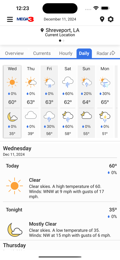 Storm Team 3 - Captura de pantalla de la aplicación Storm Team 3 que muestra el pronóstico meteorológico diario para Shreveport, Luisiana