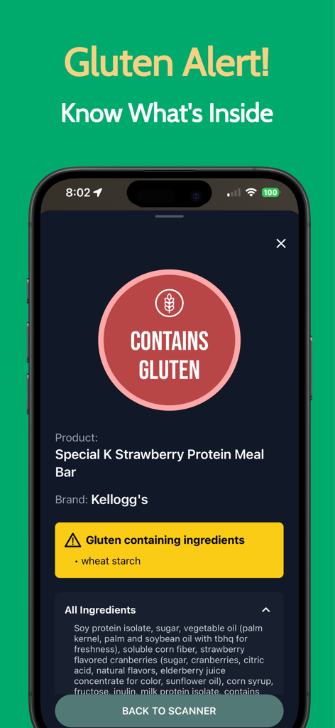 Gluten Free Scanner: Is It GF? - Interface de aplicativo móvel mostrando um Alerta de Glúten para um produto escaneado que contém glúten