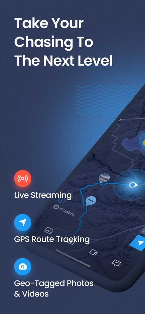 Highways and Hailstones app showing storm chaser features like live streaming and GPS tracking
