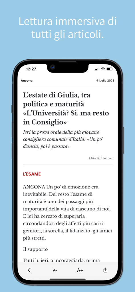 Vista mobile di un articolo nell'app Corriere Adriatico che mostra la modalità di lettura immersiva.