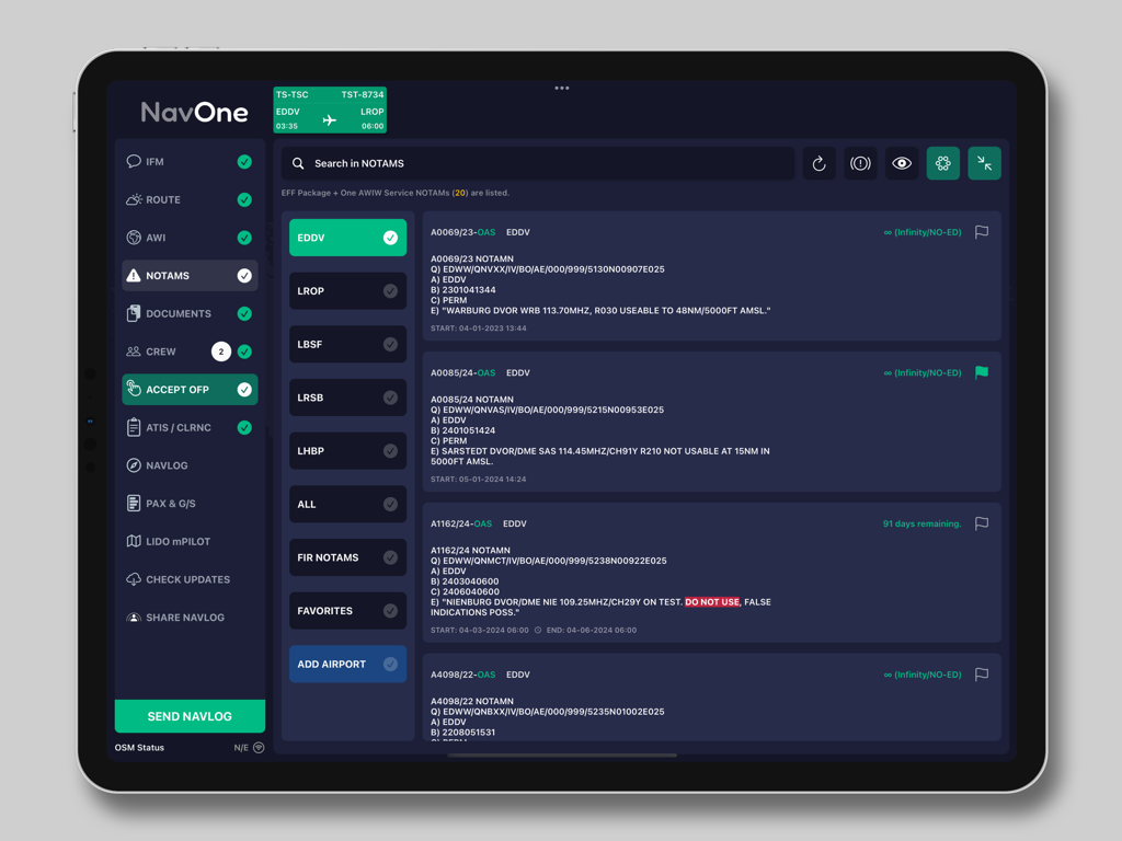 iPad screenshot of the NavOne aviation app displaying Notice to Airmen NOTAMS for flight planning and safety
