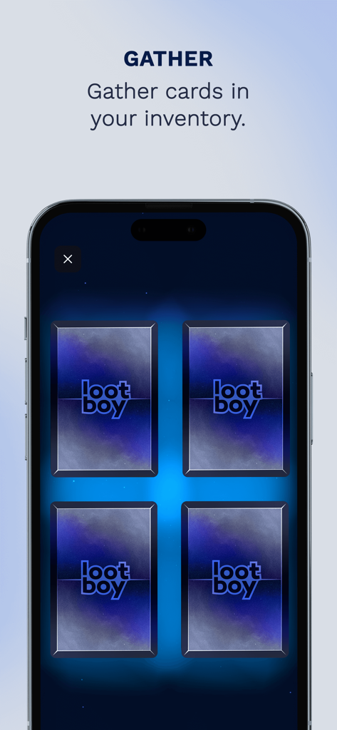 LootBoy App-Screenshot, der vier digitale Loot-Karten im Inventar-Sammlungsbildschirm zeigt