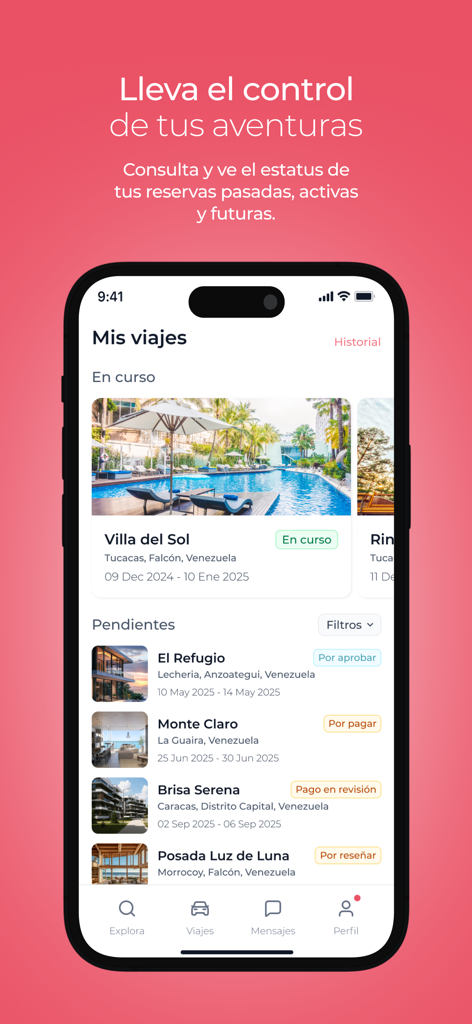 Estei - Estei app user interface displaying a list of active and pending travel bookings in Venezuela
