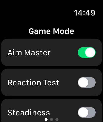 Wrist Stability - Menú del modo de juego de la aplicación Estabilidad de Muñeca en Apple Watch mostrando Aim Master habilitado