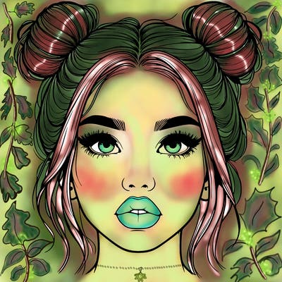 realistic girl with two buns on her hair and lips