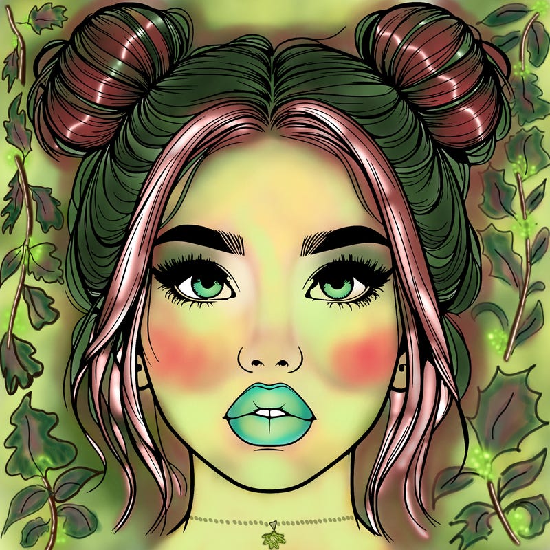realistic girl with two buns on her hair and lips