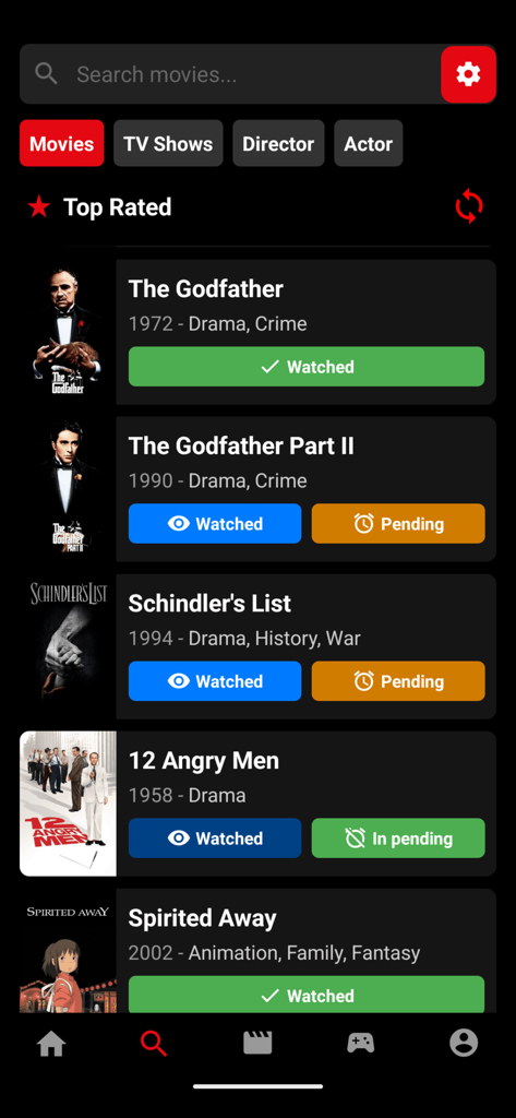 MisPelis - MyMovies - A screen from the MisPelis app showing a list of top rated movies with watched and pending status buttons