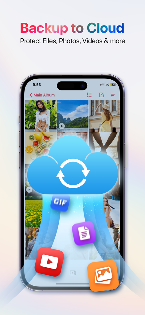 iVault: Hide Photos & Videos - Smartphone screen showing the iVault cloud backup feature for private photos and videos