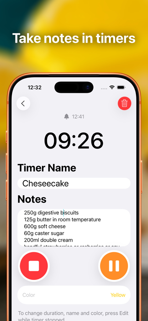 Multi Timer Pro app interface showing a cheesecake timer with recipe notes