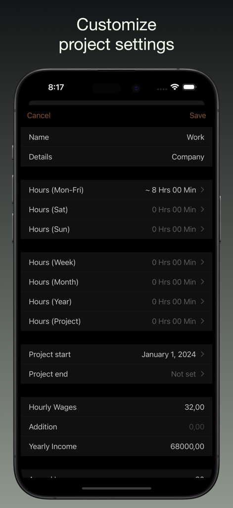 iboChron - Work Time Tracker - Projekteinstellungen-Bildschirm in der iboChron App mit Anpassungsoptionen für Zielstunden und Stundenlöhne