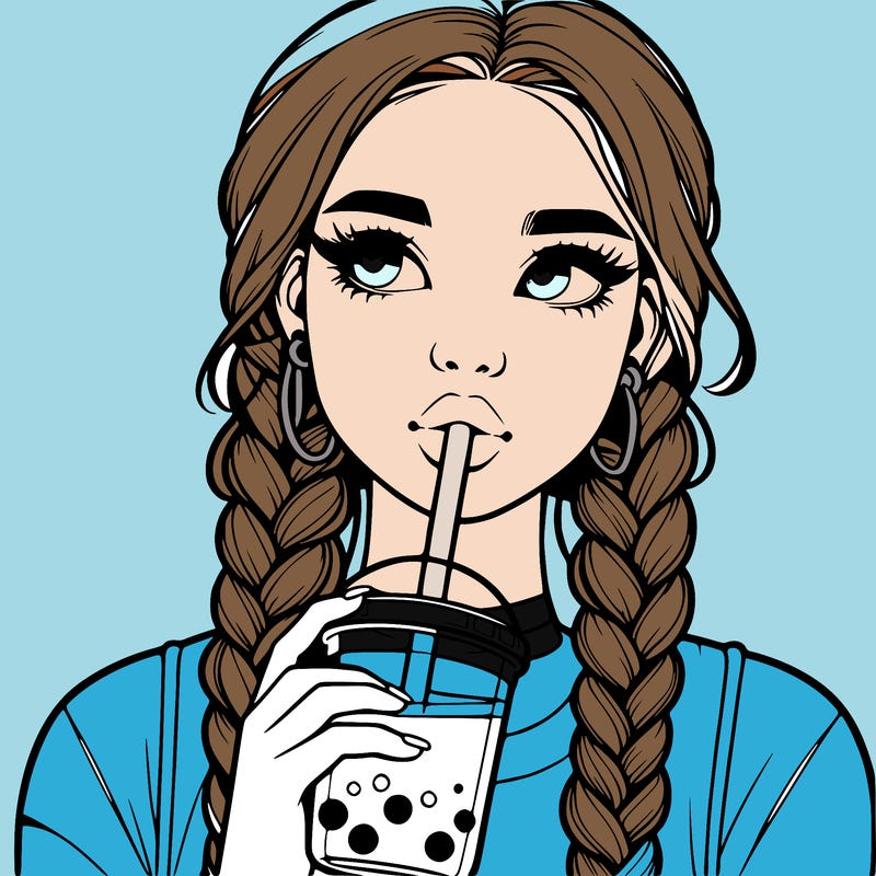 realistic girl with braided hair drinking boba