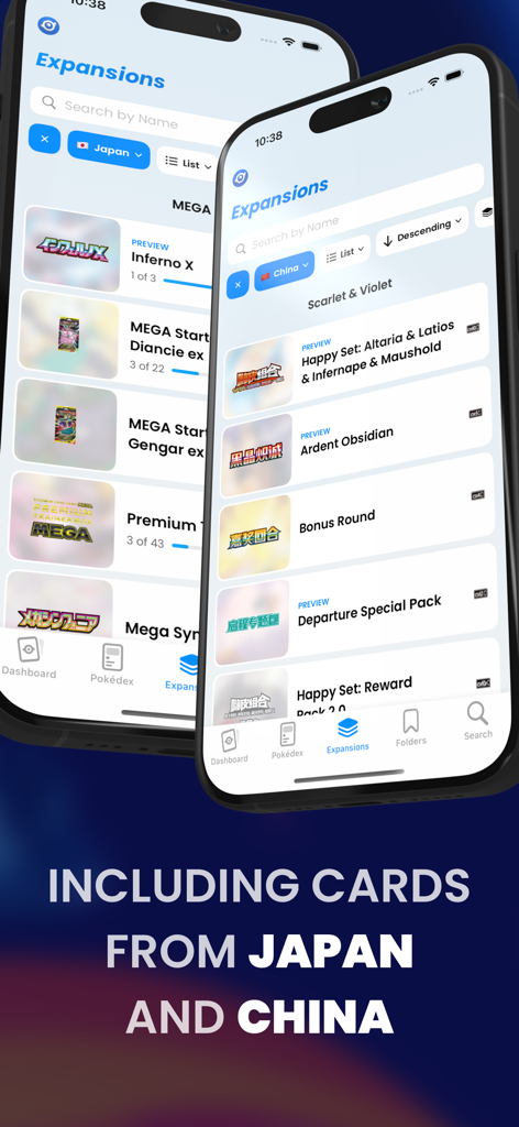 Interface do aplicativo Dex exibindo listas de expansões de cartas Pokémon japonesas e chinesas