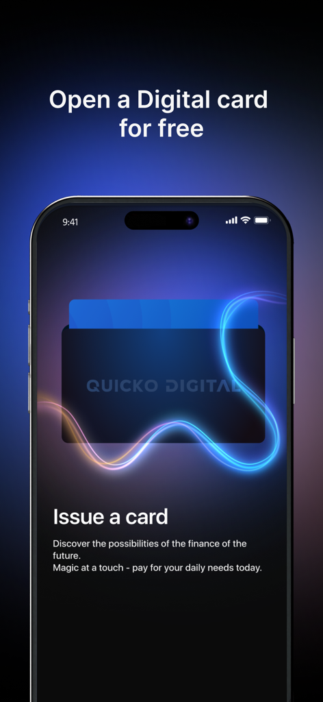 Quicko Digital - Mobile app screen for issuing a free Quicko Digital virtual card.