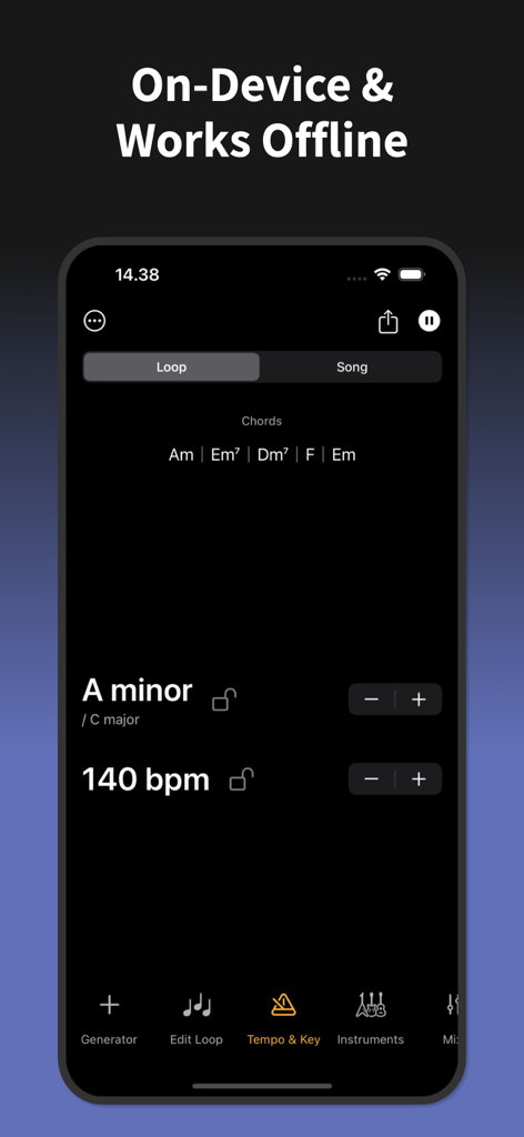 Songen: Instant MIDI Generator - Songen app interface showing tempo and musical key settings for offline music production