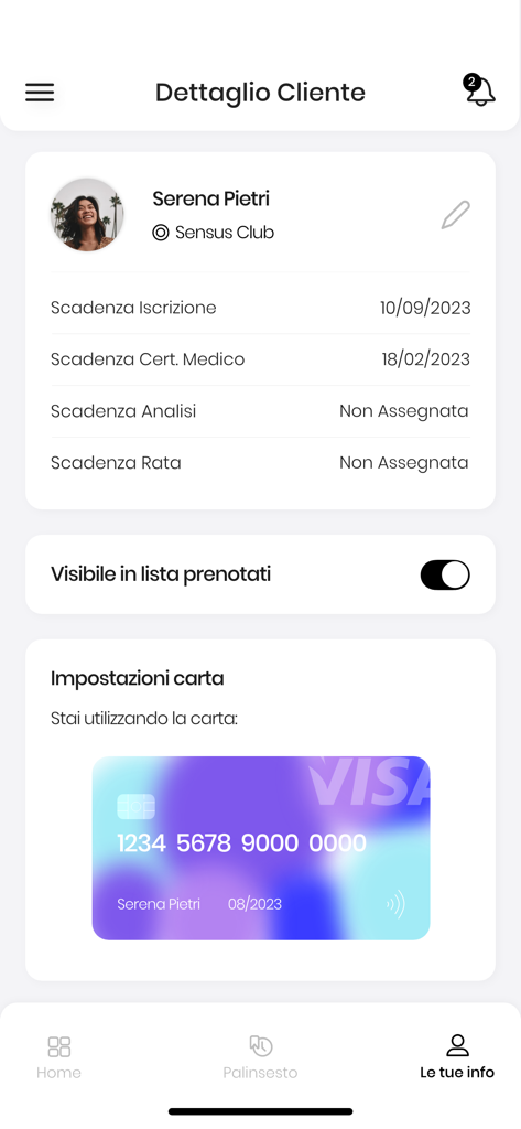 Kundenprofilansicht in der Sensus Club Pilates App mit Mitgliedschaftsdetails und einer digitalen Zahlungskarte.