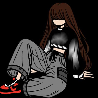 a girl with baggy pants and a crop top with long hair