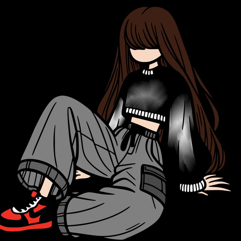 a girl with baggy pants and a crop top with long hair