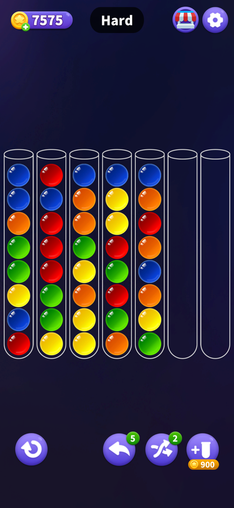 Color Ball Sort - Puzzle Games - Un nivel difícil del juego de puzzle Color Ball Sort mostrando bolas de colores mezcladas en tubos de cristal.