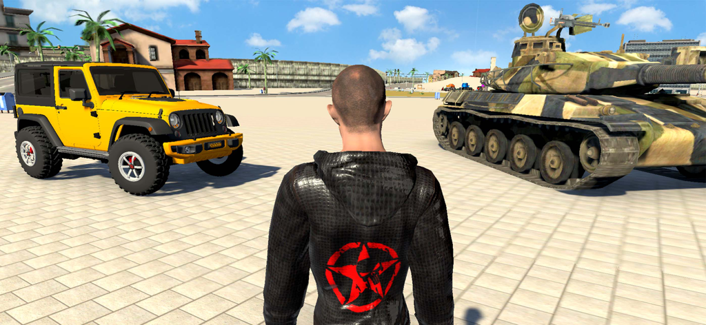 In-game character standing between a yellow jeep and a military tank in a city sandbox