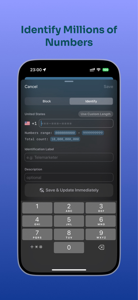 Call Shield: Spam Call Blocker - Interfaz de la aplicación Call Shield mostrando cómo identificar y etiquetar millones de números de teléfono de spam.