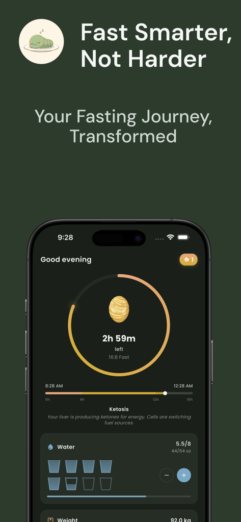 Nomu - Intermittent Fasting - Interfaz de la aplicación de ayuno intermitente Nomu que muestra un temporizador de cuenta regresiva y el seguimiento de la ingesta de agua
