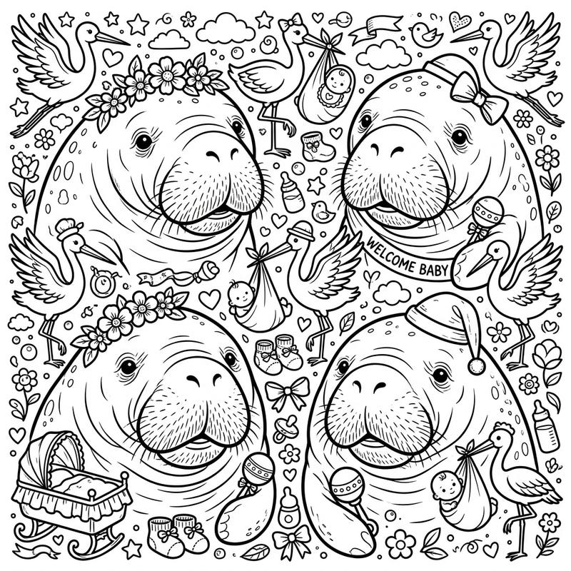 Celebrate the joy of new life with this adorable Manatee Snouts Baby Shower coloring page. Featuring charming manatees surrounded by delightful baby-themed elements, it's a unique way to welcome a little one.