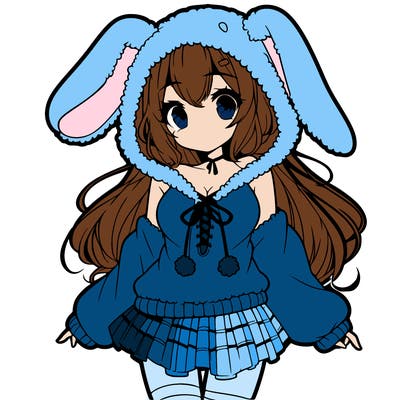 pretty anime girl wearing a fluffy hoodie with bunny ears on the hood and a skirt