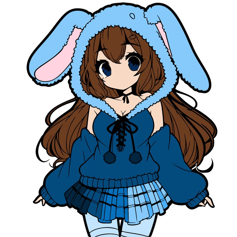 pretty anime girl wearing a fluffy hoodie with bunny ears on the hood and a skirt