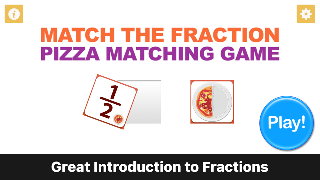 Match the Fraction Pizza Matching Gameアプリの紹介画面。1/2タイルと半分ピザの画像、再生ボタンが表示されている。