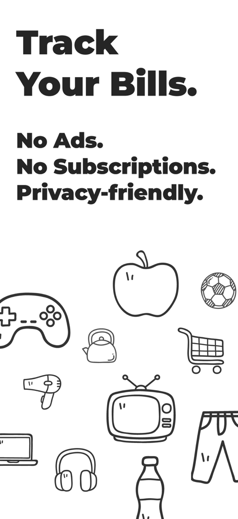 Bill Organizer: Expense Track - Pantalla de promoción de la aplicación Bill Organizer que muestra funciones de privacidad e iconos de categoría