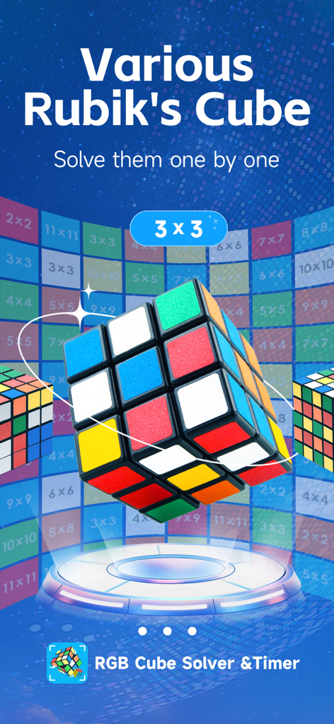 RGB Cube Solver &Timer - Écran de l'application RGB Cube Solver montrant un Rubik's Cube 3x3 et plusieurs options de taille de puzzle