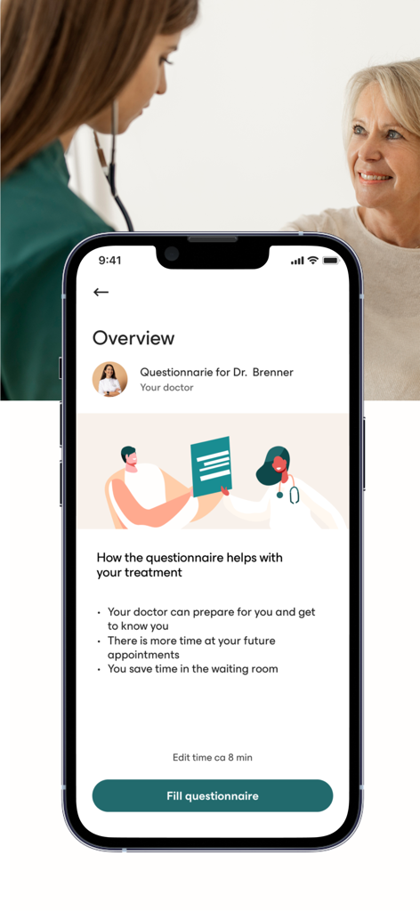 Avi Medical - Avi Medical App-Bildschirm mit einem digitalen Patientenfragebogen, um Zeit im Wartezimmer zu sparen