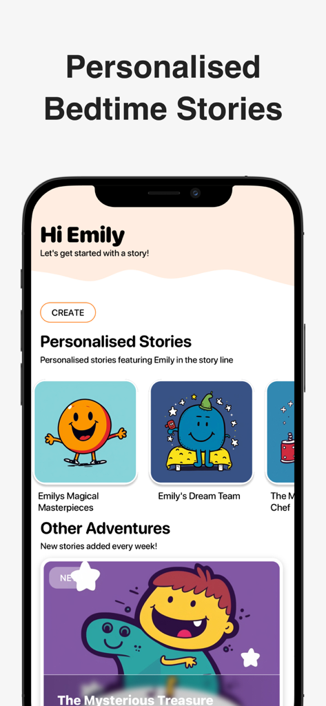 Dreamtales app home screen showing personalized story recommendations for children.