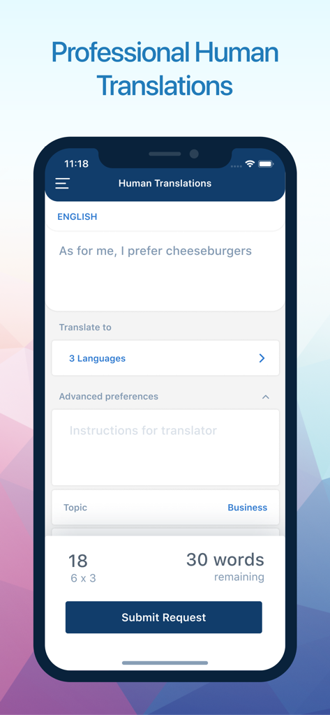 Translate.com - 전문 번역 서비스 요청을 위한 Translate.com 앱 인터페이스.