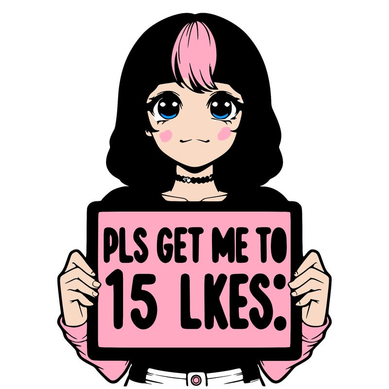 realistic girl holding up a sign that says “pls get me to 15 likes!”