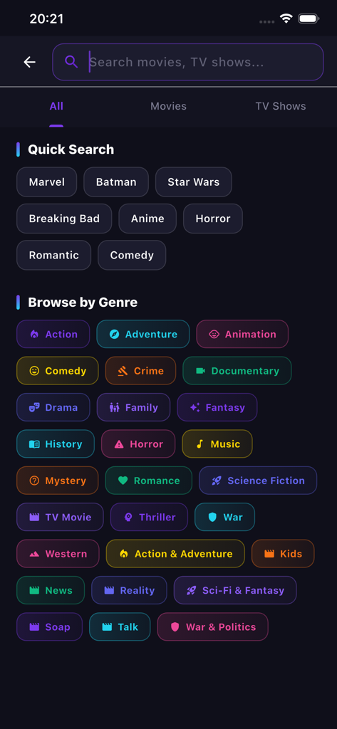 Interfaz de búsqueda de NunFlix que muestra categorías y géneros de películas y programas de televisión.