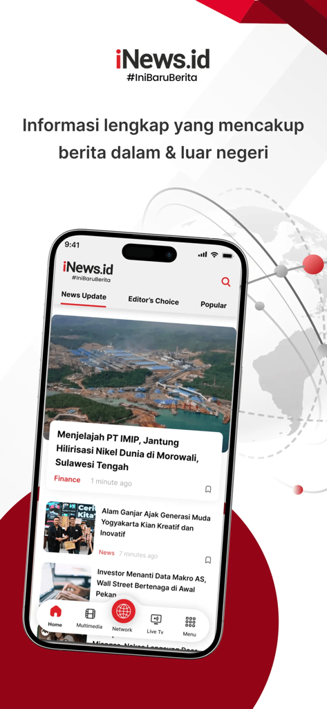 Smartphone screen displaying the iNews.id app home page with news headlines about Indonesian finance and regional events.